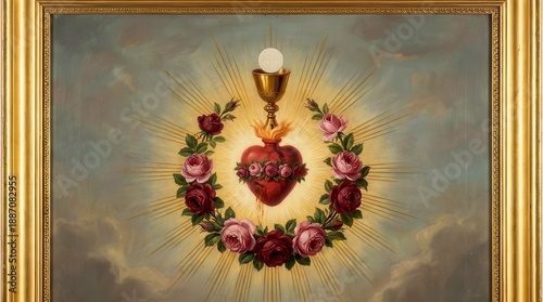 Glowing Sacred Heart with roses wreath in gold frame on pastel clouds. First Communion divine religious iconography