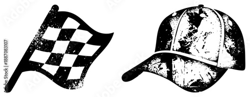Racing Checkered Flag and Distressed Baseball Cap Vector