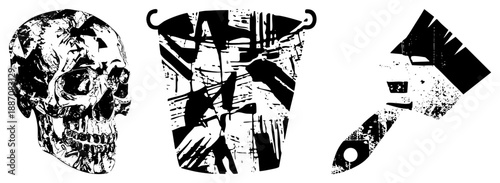 Grunge Styled Skull, Bucket, and Knife Vector with Distressed Textures
