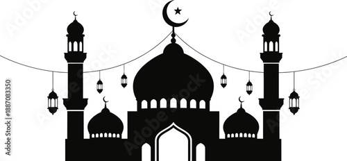 mosque with crescent moon and lantern silhouette on white background