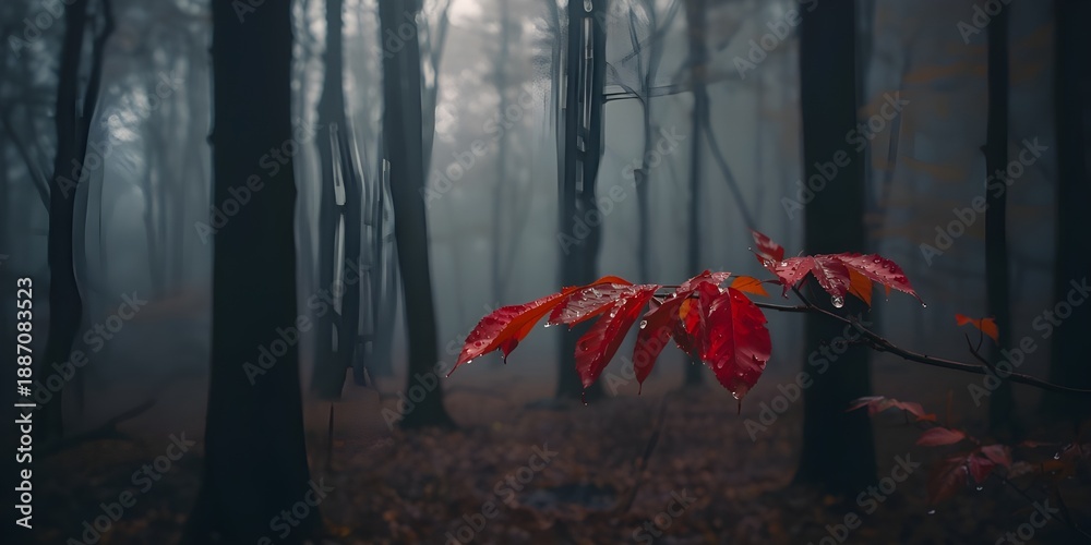 Fototapeta premium Close up of red autumn leaves in a dark misty woodland scene