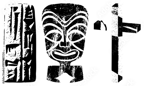 Ancient Tribal Mask, Hieroglyphic Tablet, and Abstract Sculpture Vector Set