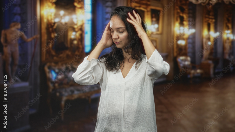 Fototapeta premium Woman touching hair and adjusting white blouse with closed eyes, standing amid gilded statues and frames in an ornate gallery building; serene contemplation.