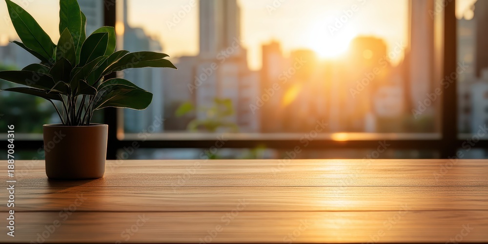 Fototapeta premium Modern workspace bathed in sunset glow with urban view and greenery