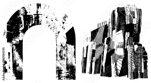 Ancient Stone Archway and Ruined Wall Vector Illustration