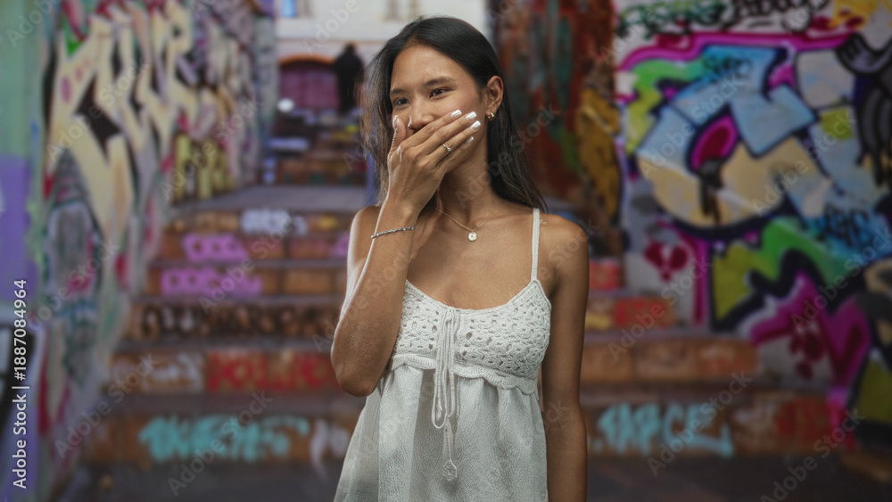 Naklejka premium Thai woman covers mouth with hand while tilting her head in a graffiti stairwell street, wearing a white crochet sundress and pendant necklace; shy amusement.