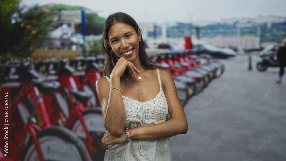 Fototapeta premium Thai woman posing with hand under chin by a row of red rental bicycles at a street bike dock, smiling and turned slightly;contentment.