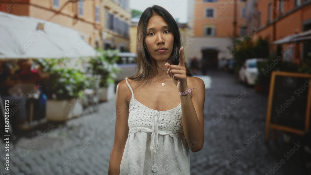 Fototapeta premium Thai woman in white sundress shows bare shoulder and points index finger to temple on a cobbled street lined with cafes; idea thinking confidence.