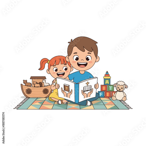 Happy siblings reading a bible storybook together on a colorful rug with toys.
