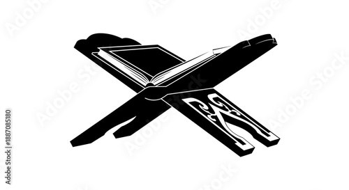Silhouette of an open book crossed with a pair of scissors on white background