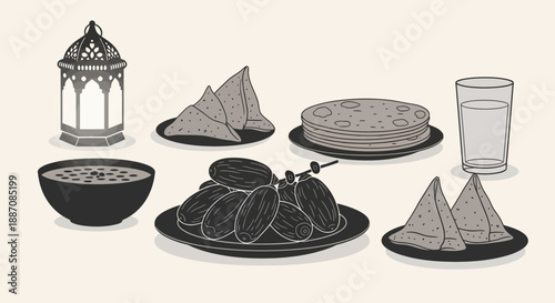 black and white illustration of food and drink for ramadan celebration with lantern