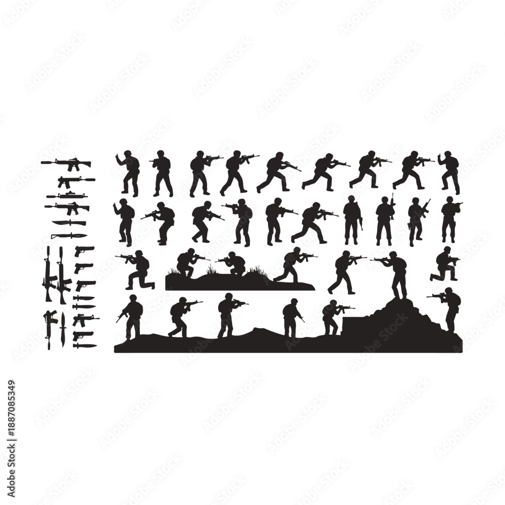 Obraz premium Silhouettes of Soldiers in Various Poses.