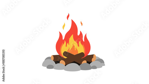 Campfire Icon: Burning Wood and Flames on Stones, Vector Illustration