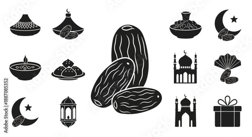 Ramadan kareem icons set including dates mosque lantern and gift  Islamic symbols