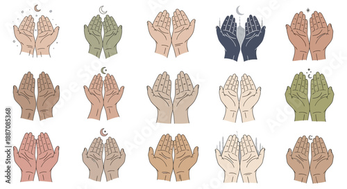 Diverse hands in prayer gesture with various skin tones and crescent moon symbols