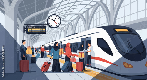 People boarding train with luggage at station platform