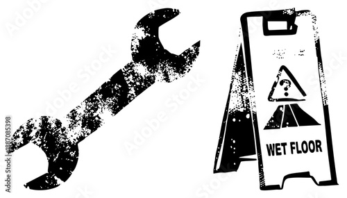Grungy Wrench and Wet Floor Sign Safety Symbols