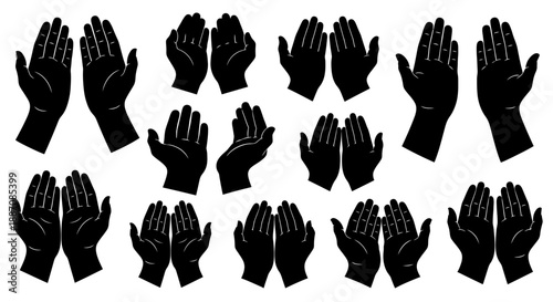 Collection of various human hands in different positions and gestures on white background
