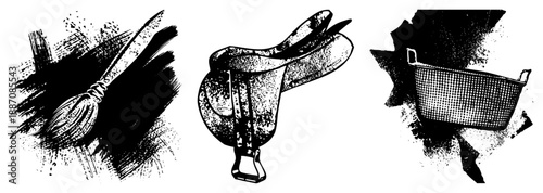 Vintage Artistic Brushes, Equestrian Saddle, and Wire Basket in Halftone Vector Illustration