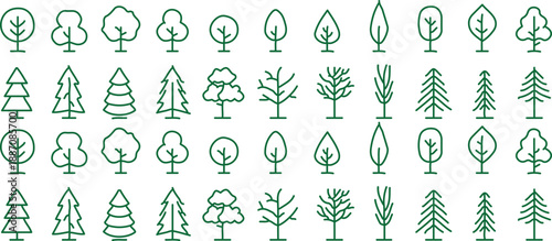 tree green line icons set vector illustration editable stroke nature plant design collection 