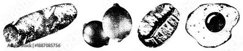 Halftone Illustration of Bread,, Coffee Beans, and Egg