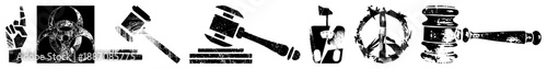 Hand Gesture Symbols Including Biohazard, Gavel, Peace Sign, and Hammer