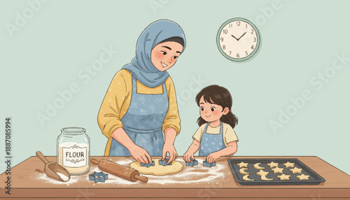 Muslim mother and daughter baking cookies