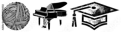 Vintage Halftone Yarn Ball, Piano, Graduation Cap