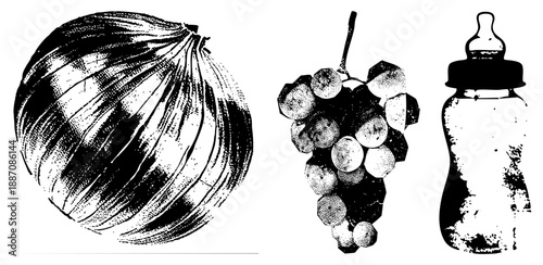Black and White Halftone Illustration of Onion, Grapes, and Baby Bottle