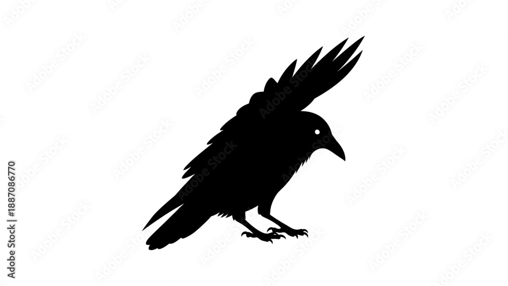 Obraz premium Black silhouette of a crow bird with wings spread on a white background