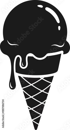 Melting ice cream cone symbol, sweet frozen dessert dripping, summer treat icon, isolated on transparent background, black silhouette