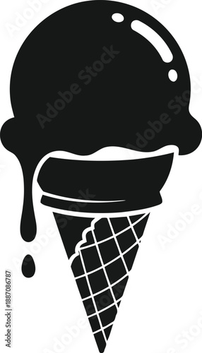 Melting ice cream cone symbol, sweet frozen dessert dripping, summer treat icon, isolated on transparent background, black silhouette