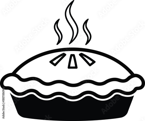 A steaming pie icon with crust and steam lines representing fresh baking isolated on transparent background vector