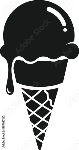 Single scoop of melting ice cream in waffle cone with dripping sauce and textured pattern isolated for dessert shop signage graphics