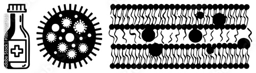 Medical Antiviral Drug Bottle, Viral Particles, Cellular Membrane Interaction