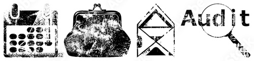 Grunge Styled Symbols Including Calendar, Purse, Hourglass, and Magnifying Glass