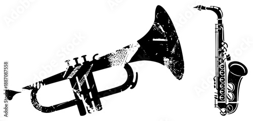 Vintage Brass Trumpet and Saxophone Musical Instruments Silhouette