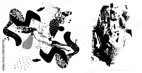 Abstract Black and White Graphic with Halftone and Stylized Shapes