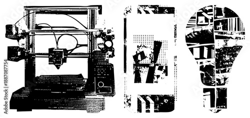 3D Printer, Smartphone, and Lightbulb Collage in Halftone Vector Style