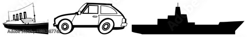 Classic Car, Vintage Ship, Modern Submarine Vector Silhouettes