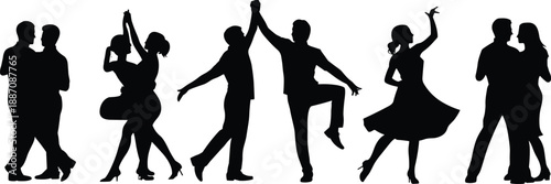 Elegant dancing couples silhouettes showing ballroom, latin and social dance poses, romantic partner movement, graceful choreography, celebration, music rhythm, love and lifestyle concept isolated 