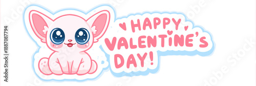 Cute cartoon animal holding a pink sign for Valentine's Day celebration. Cute big-eyed animal delivering Happy Valentine's Day message