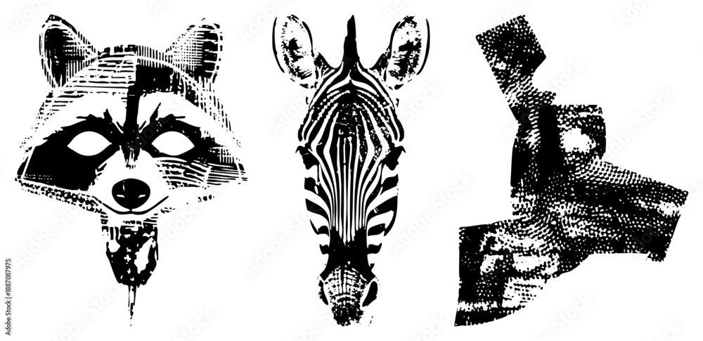 Naklejka premium Stylized Animal Heads in Halftone Dot Vector Set