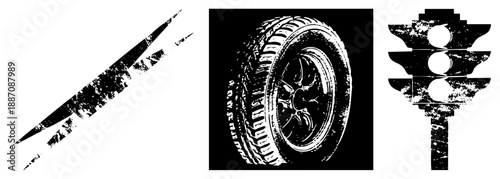 Grungy Black and White Vector Scissors, Tire, Traffic Light