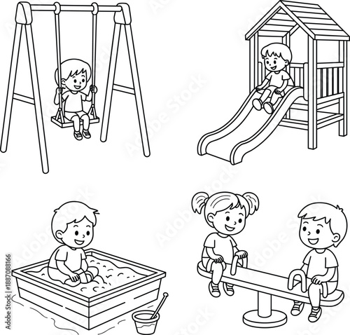 Hand drawn children playground activities illustration showing kids playing on swing, slide, sandbox and seesaw, cute cartoon line art for childhood, education and outdoor fun concepts