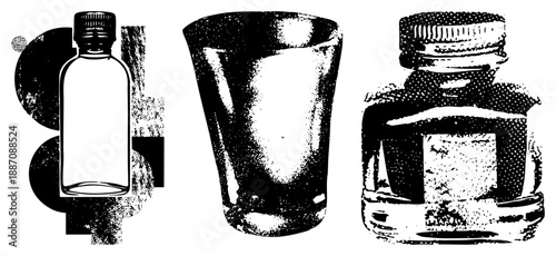 Vintage Ink Bottle, Glass Tumbler, and Medicine Bottle in Halftone Vector Design