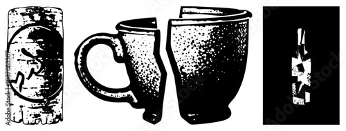 Vintage Ceramic Mugs and Bottle with Textured Halftone