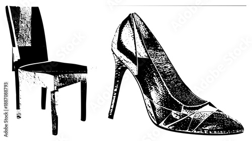 Elegant High Heel Shoe and Chair in Bold Halftone Vector Illustration