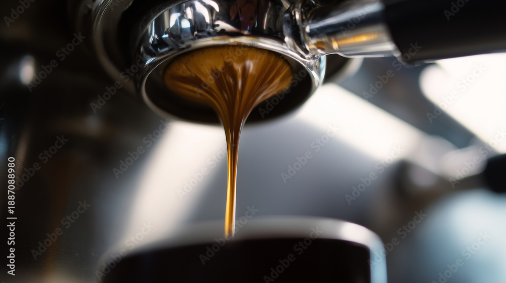 Obraz premium real espresso extraction in a coffee shop, espresso stream pouring from machine into a cup, natural cafe lighting, realistic reflections and shadows, minimal retouch, subtle film g
