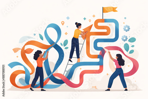 Women shaping flowing abstract ribbons into structured paths representing direction and purpose in flat design style